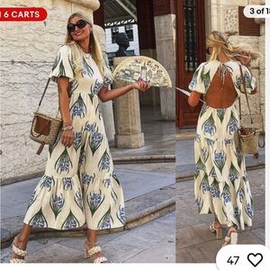 Zara Ecru Floral Linen Cotton Midi Dress Open Back Size Small
